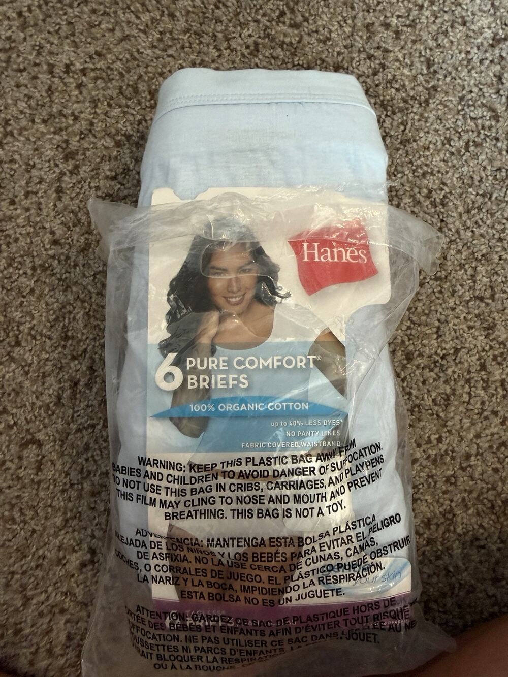 Hanes Women's Pure Comfort Briefs 100% Organic Cotton 6 Pk Size 10/L Panties NWT